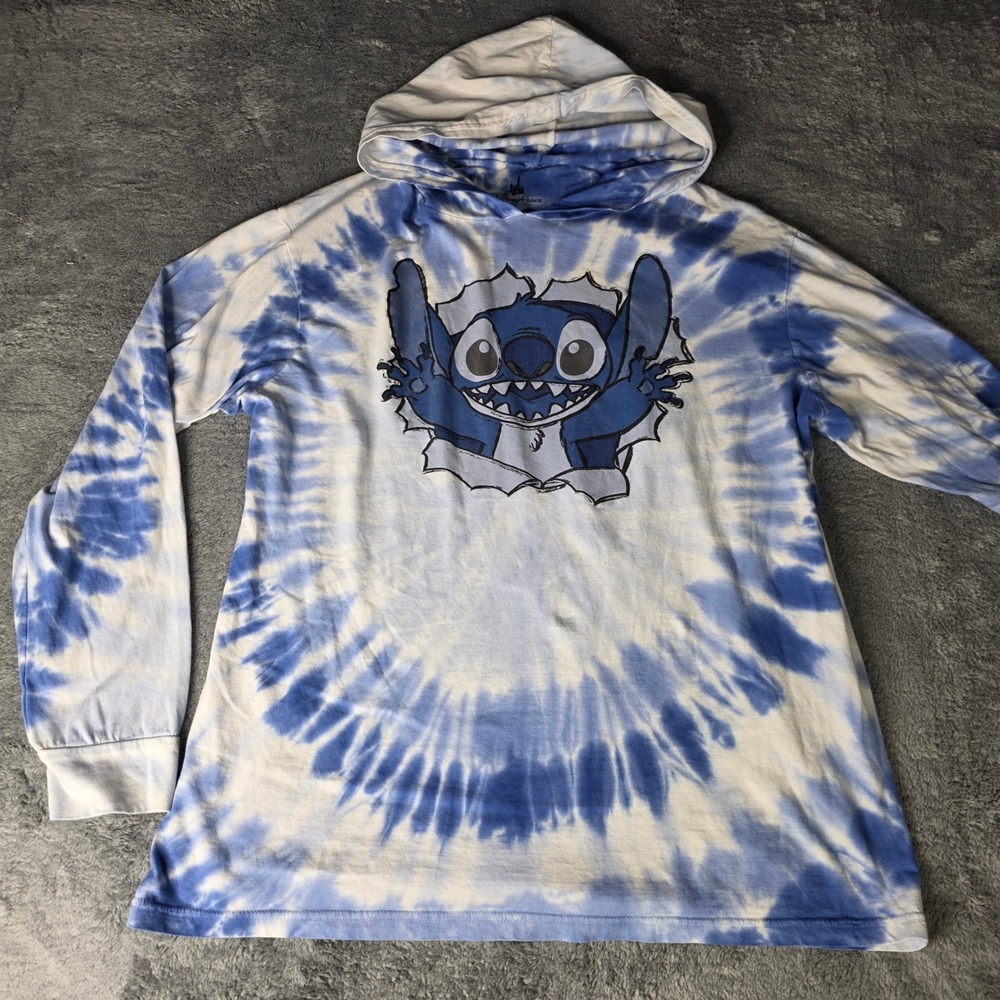 Disney Parks Unisex Large Hooded T-Shirt Blue Tie Dye Stitch Graphic Long Sleeve